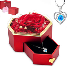 Preserved Red Real Rose with Necklace Forever Flowers Diamond Shaped Box Preserv