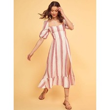 Reformation Belgium Linen Savannah Stripe Midi Dress Red White Size 2