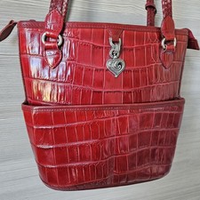 Brighton Penelope Croc Leather Bucket Bag Shoulder Purse Silver Heart Accents