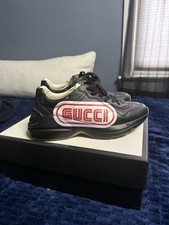 Gucci Rython SEGA Logo Black Leather Sneakers Size US 8 Authentic
