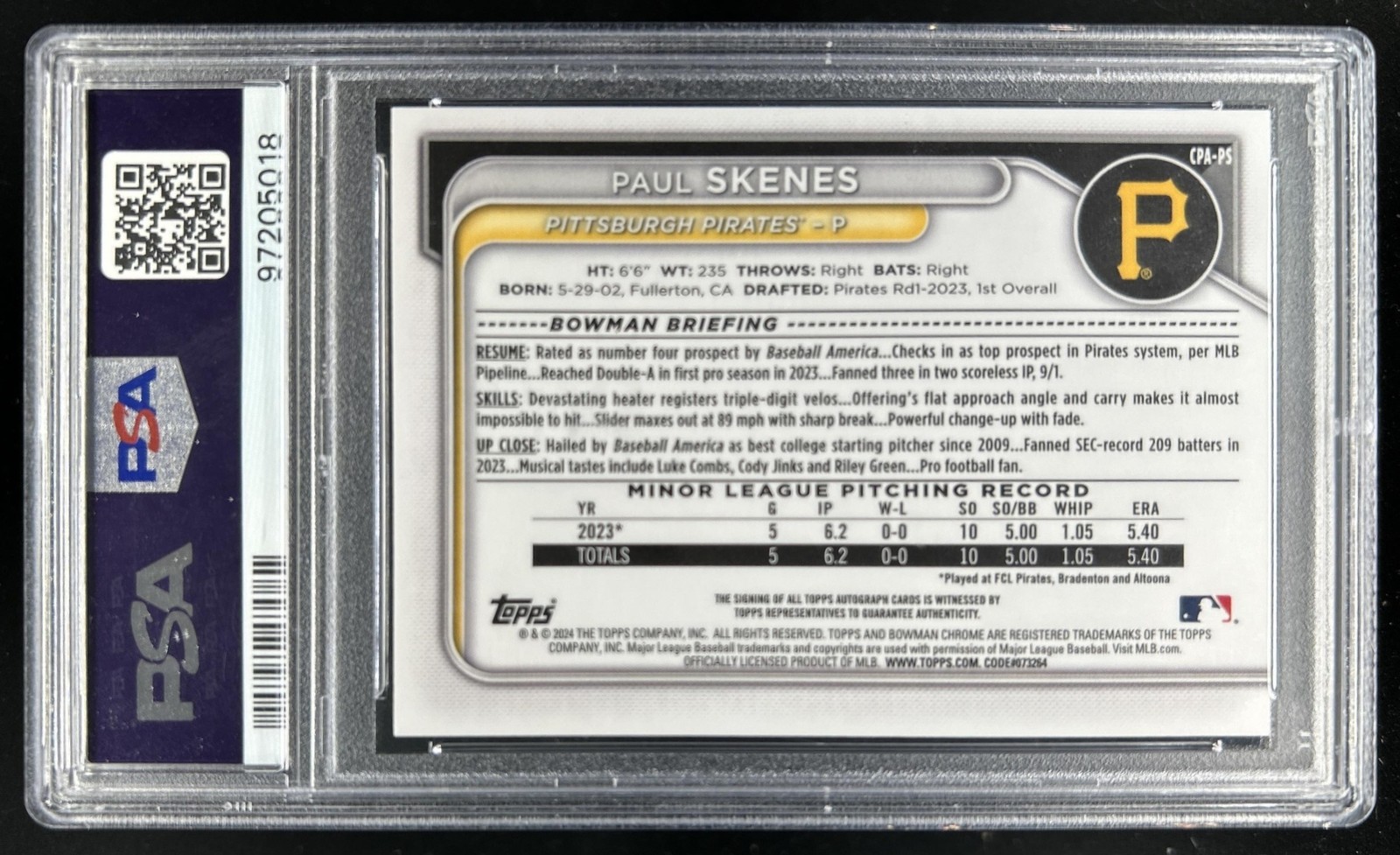 2024 Bowman Paul Skenes Chrome Prospect Auto Green Refractor #/99 Pirates PSA 9 view 2