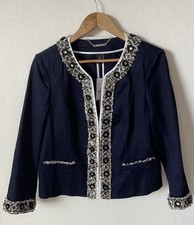 White House/Black Market Navy Blue Beaded Jacket 3/4 Sleeve Size 14 MRSP 180
