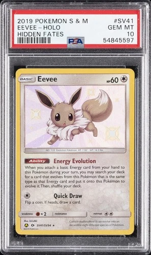 2019 POKEMON SUN & MOON HIDDEN FATES #SV41 EEVEE-HOLO PSA 10