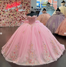Pink Quinceanera Dresses with Big Bow 3D Color Flowers Sweet 16 Prom Ball Gown