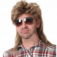 Mens Mullet Wig Light Brown Retro 70s 80s Disco Rocker Curly Punk Fancy Party Ha