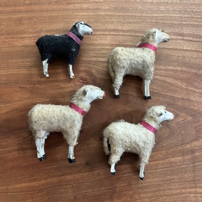 4 Antique German Putz? Stick Leg Sheep 2 Inch Pink Red Collar 3 White 1 Black
