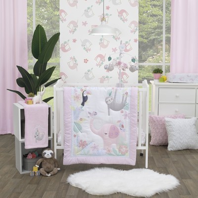 Little Love by NoJo Tropical Garden 3-Pc Mini Crib Bedding Set, Pink Jungle