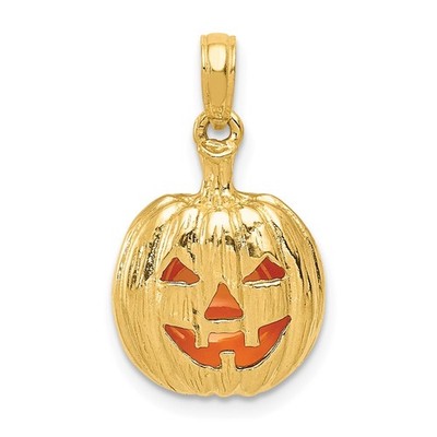14k Gelbgold emailliert innen 3-D Cut-Out Jack-o-Lantern Anhänger Halskette