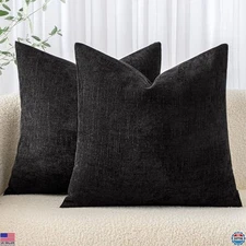 2 Pack Decorative Throw Pillow Covers 20x20 Inch Soft Chenille Black Farmhouse