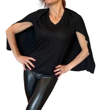 KOKUN BLACK CASHMERE BAMBOO SWEATER CAPE PONCHO PULLOVER V NECK  S
