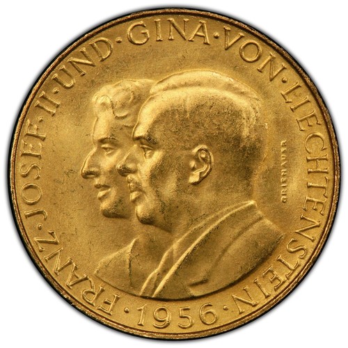 1956 Liechtenstein 1/6 Oz Gold 25 Gulden Princess Gina PCGS MS65 RGUTH086