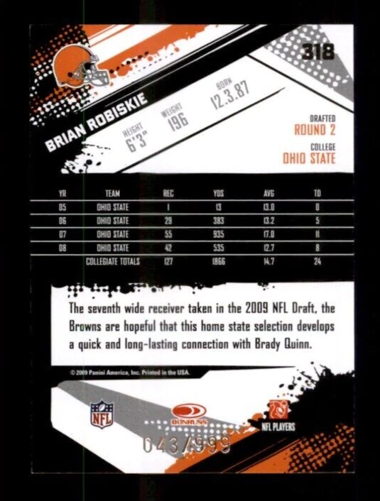 2009 Score Inscriptions #318 Brian Robiskie RC 043/999 - Image 2 of 2