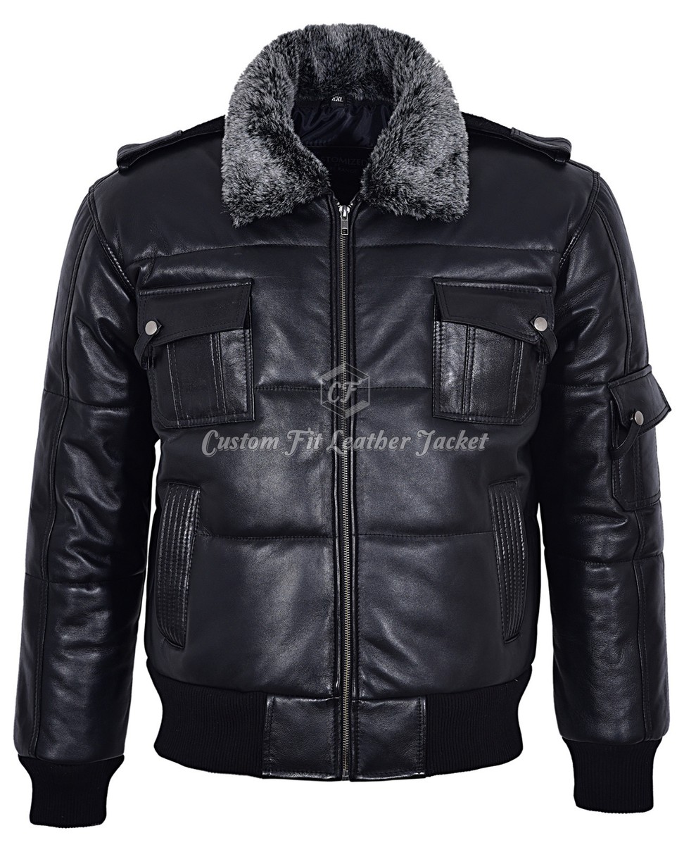Bomber Jacket Custom Puffer Coat Pilot Puffer Men's Black Fur
