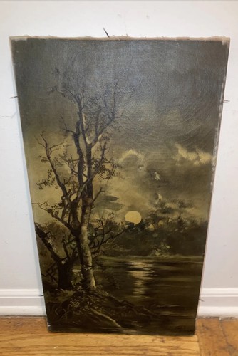 Antique Landscape Hudson River At Night Oil Canvas Painting Signed H TM - Picture 3 of 9