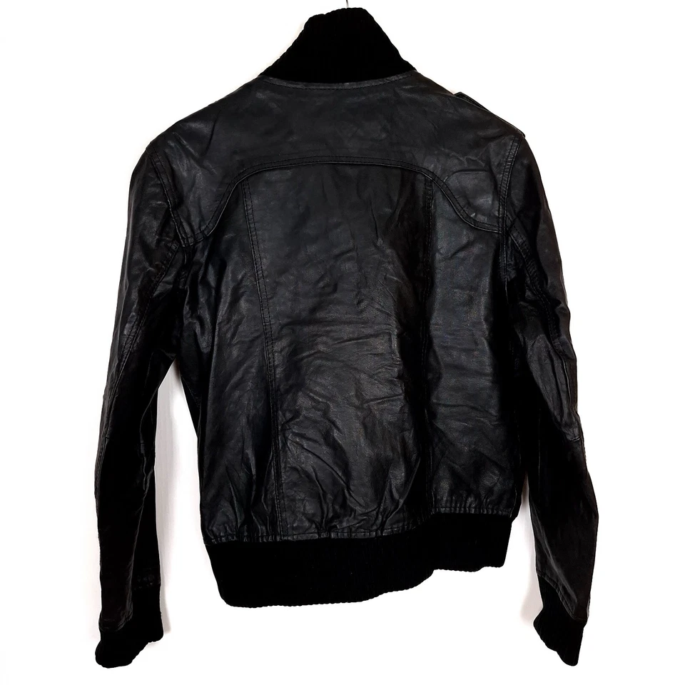 JACK & JONES Men's Bomber Leather Jacket Size S Black Full Zip Ribbed Hem MARINE - Image 2 of 4