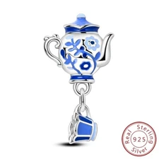 MULA 925 Sterling Silver DIY Charm Blue Enamel Teapot Tea Cup For Women Bracelet