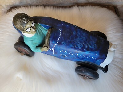 Statuette Voiture Ancienne En Plâtre - Bugatti Amilcar Course Rétro - Modèle Bleu - Occasion