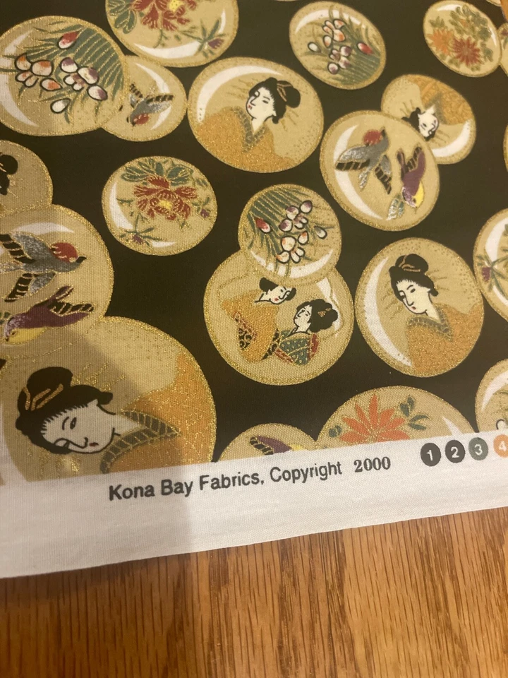 全新 2000 Kona Bay 亚洲面料 1.3 码棉艺妓花朵金色细节完好 — 第 3/4 张图片