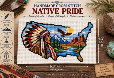 Handmade USA Native Inspired Cross Stitch Eagle Landscape Finished  6.3'' x 4.3''