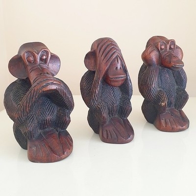 3er SET WEISE AFFEN VINTAGE HANDGESCHNITZTE HOLZFIGUREN Skulpturen Statuen