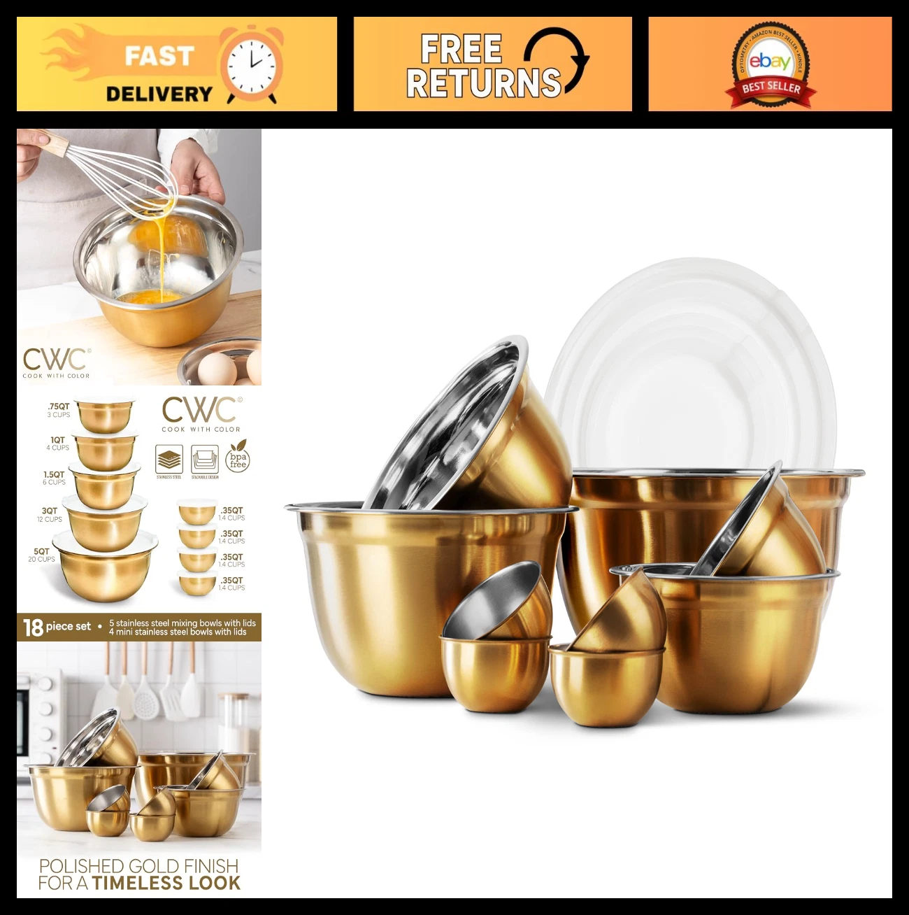 18-Piece Mixing Bowls Set with Airtight Lids, Stainless Steel Food Storage & Mea