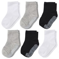 Non-Slip Crew Grip Socks Youth Black/White/gray- 6 pairs, 5-7 Years Old