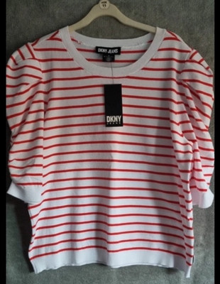 Neu mit Etikett DKNY weiß rot Streifen Blase 3/4 Ärmel Pullover Designer Boho 16/18