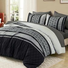 King 7 Piece Boho Comforter Set Black Gray Striped Bed in a Bag Bedding