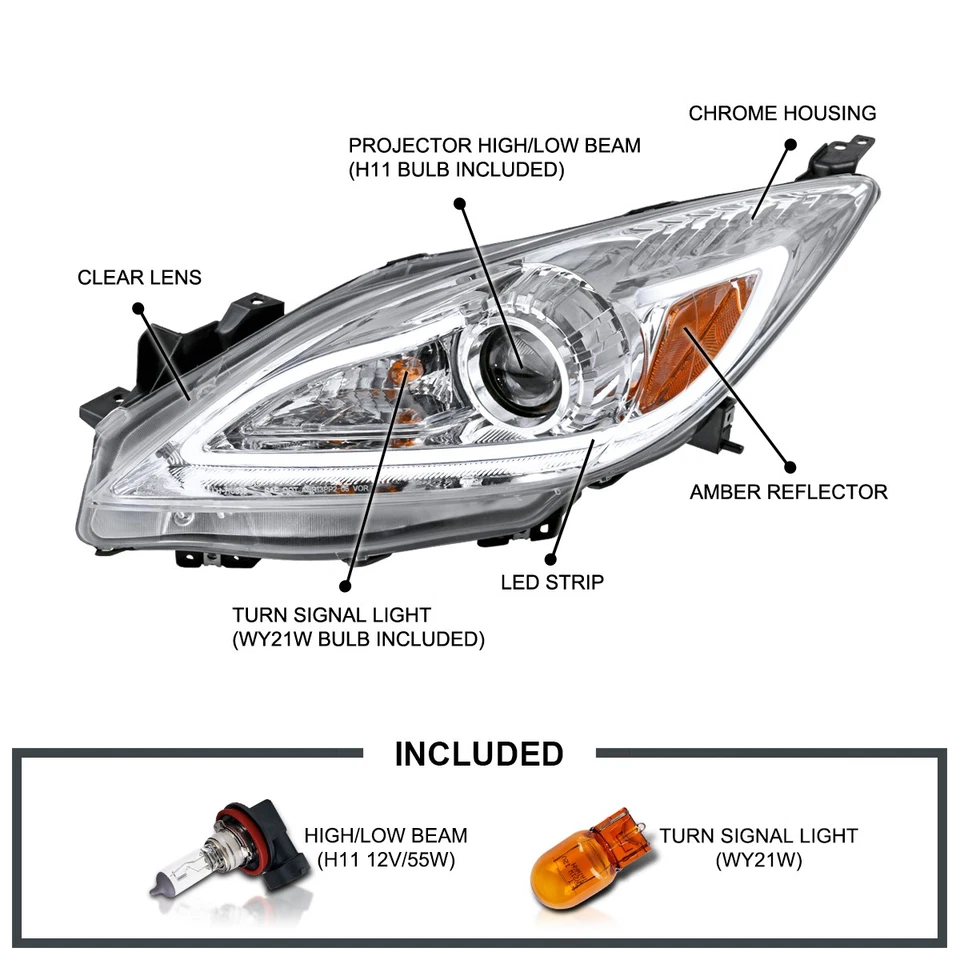 Clear Fits 2010-2013 Mazda 3 LED Strip Projector Headlights Lamps Left+Right - Imagem 3 de 4