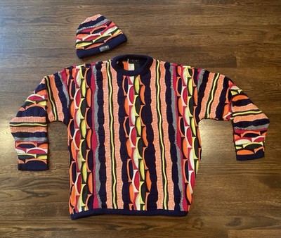 Vintage 90s COOGI Sweater Mens Large XL Multicolor Knit Crewneck W/  Matching Hat