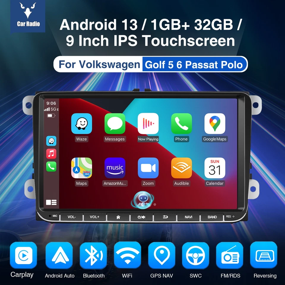 9" For VW Golf MK5 MK6 Jetta Passat CC Apple CarPlay Android 14 Car Stereo Radio - Image 2 of 4