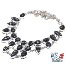 925 Sterling Silver Plated Genuine Zebra Jasper Mother Bezel Set Chian Necklace