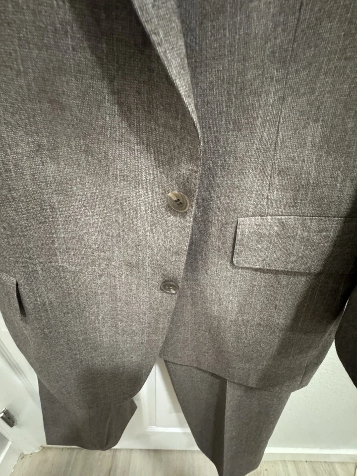 Terno Vintage LANVIN Masculino Marrom Listra de Giz Lã Frente Plana Dinheiro Antigo, - Imagem 3 de 4