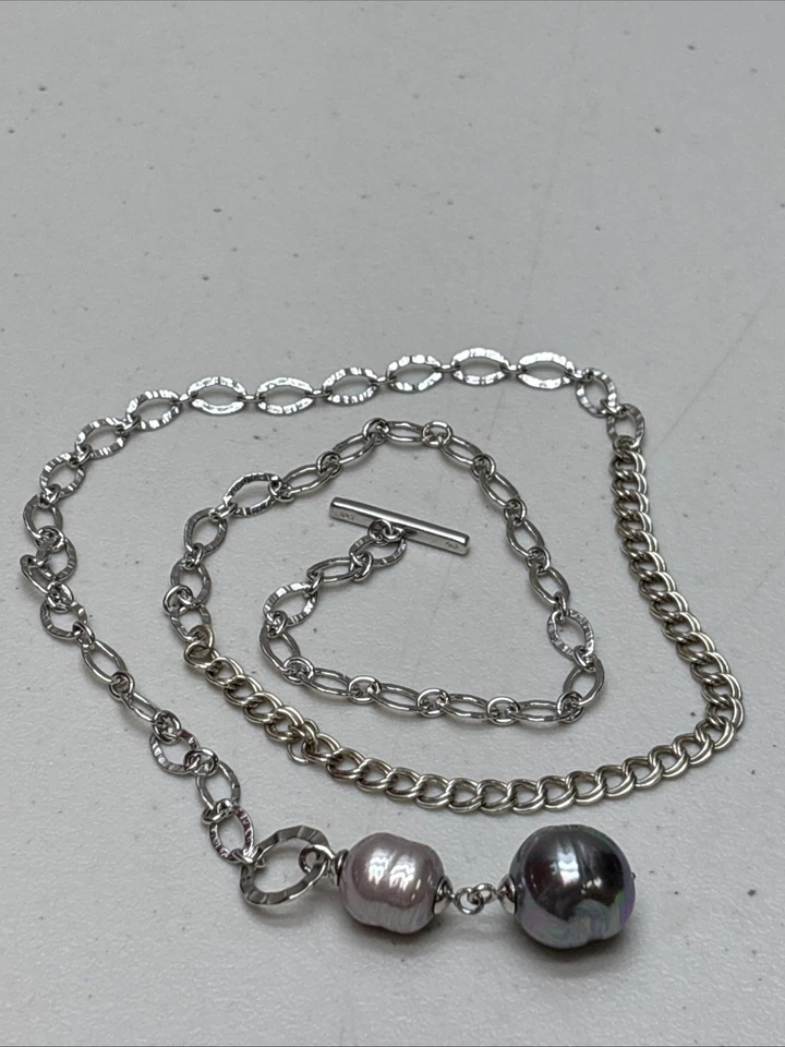 MAJORICA Baroque Pearl 925 Sterling Hammered Link 23" Necklace Toggle Clasp - Image 2 of 4