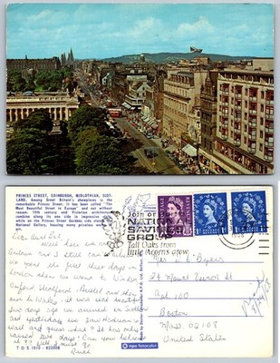 Princes Street Edinburgh Scotland 1968 Postcard Queen Elizabeth II Stamps