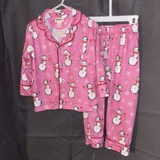 Hatley Girl's Happy Snow Snowman Pink Flannel Button Down Pajama Set, Size 3