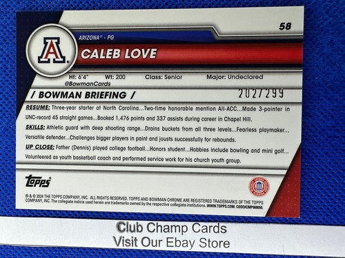 2024 #58 Caleb Love Bowman University cromo primer refractor acuático 202/299 - Imagen 2 de 4