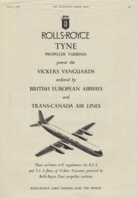 Rolls-Royce Engines power Vickers Vanguard BEA & Trans-Canada Airlines ad 1957