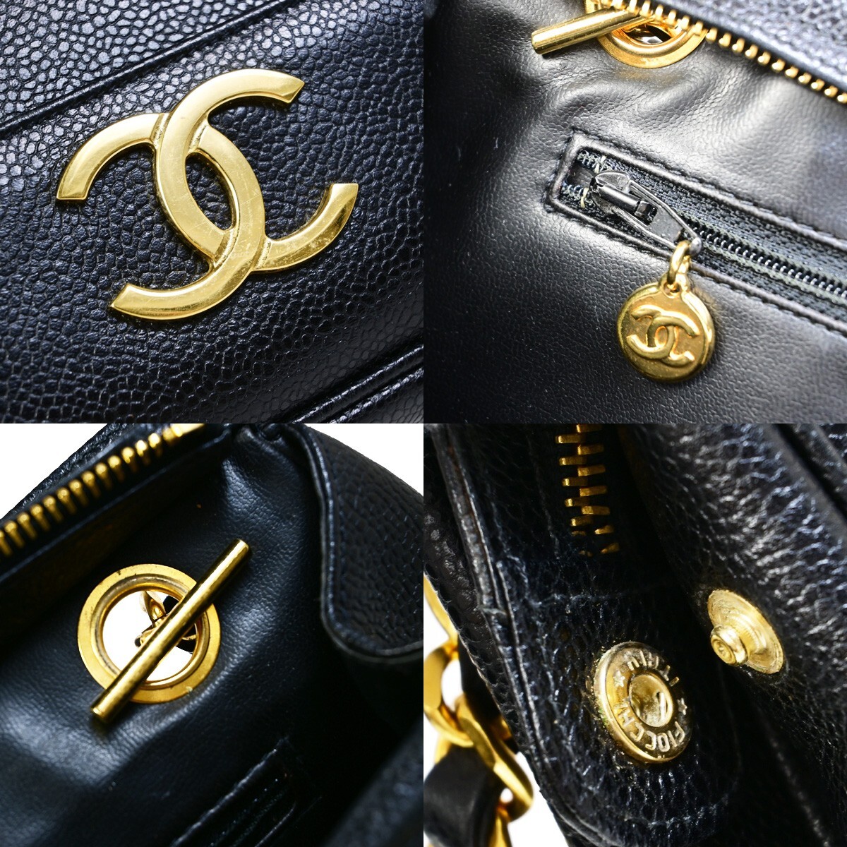 CHANEL Triple CC Logo Chain Shoulder Tote Bag Caviar Leather CHANEL Triple CC Logo Chain Shoulder Tote Bag Caviar Leather