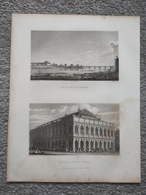 Vue du Pont D'Austerlitz & Nouveau Theater Feydeau, Paris - antiker Druck - 1831