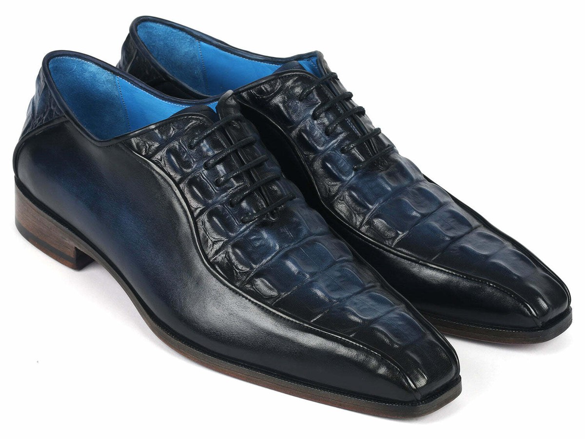 Paul Parkman Navy Croco Textured Leather Bicycle Toe Oxfords