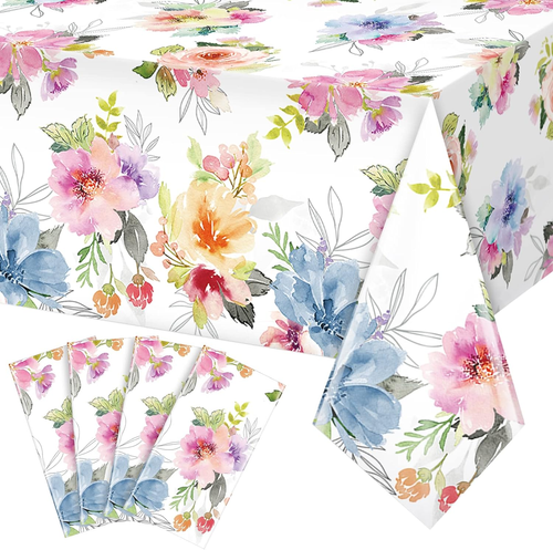 4Pcs Spring Floral Tablecloth,Watercolor Pink Purple Blue Flower Plastic Table C