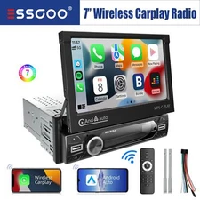 Single DIN 7" Wireless Apple Carplay Car Stereo MP5 Player Radio Flip Out Screen