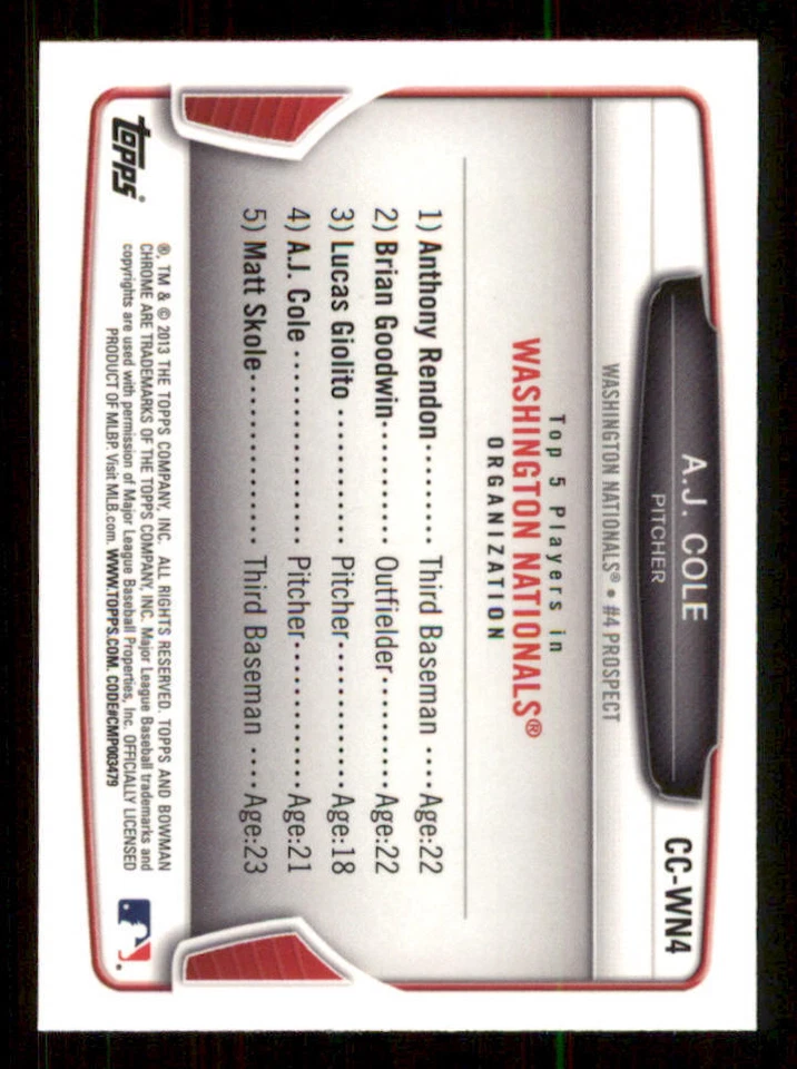 2013 Bowman Chrome Cream of the Crop Mini Refractors #WN4 A.J. Cole - Image 2 of 2