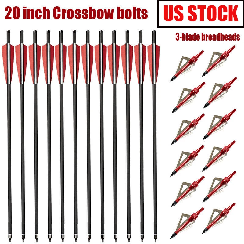 20 Inch Crossbow Bolts Carbon Arrows+100 Grain Broadheads Set Hunting Practice - Image 2 of 4