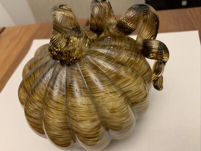 Art Glass Pumpkin Gold with Brown Swirls Brown Curly Stem 5 1/2'' x 4 1/2''