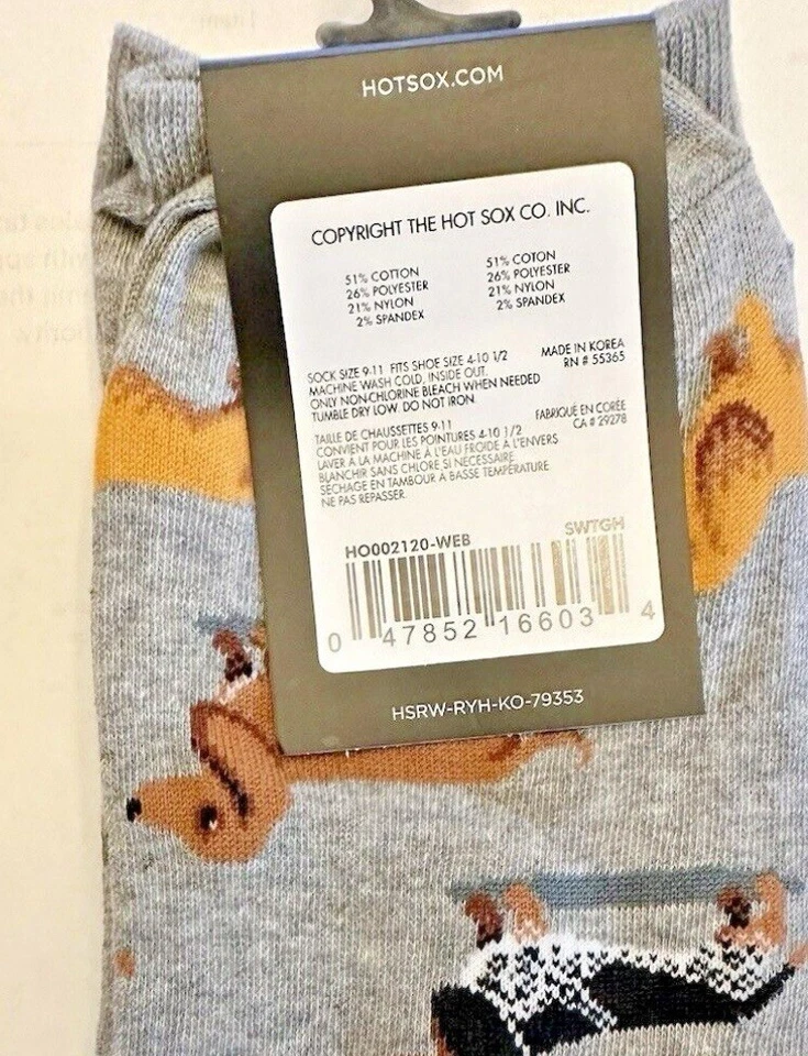 HOTSOX Doxie Dachshund Women Ladies Gray Crew Socks Shoe Size 4-10 NWT — 第 4/4 张图片
