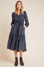 New Anthropologie Midnight Ruffled Midi Dress Size XS Navy Blue Rose Gold Stripe
