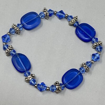 Glass Crystal Bracelet Blue Bicone Table Cut Oblong Bead Silver Tone Spacer