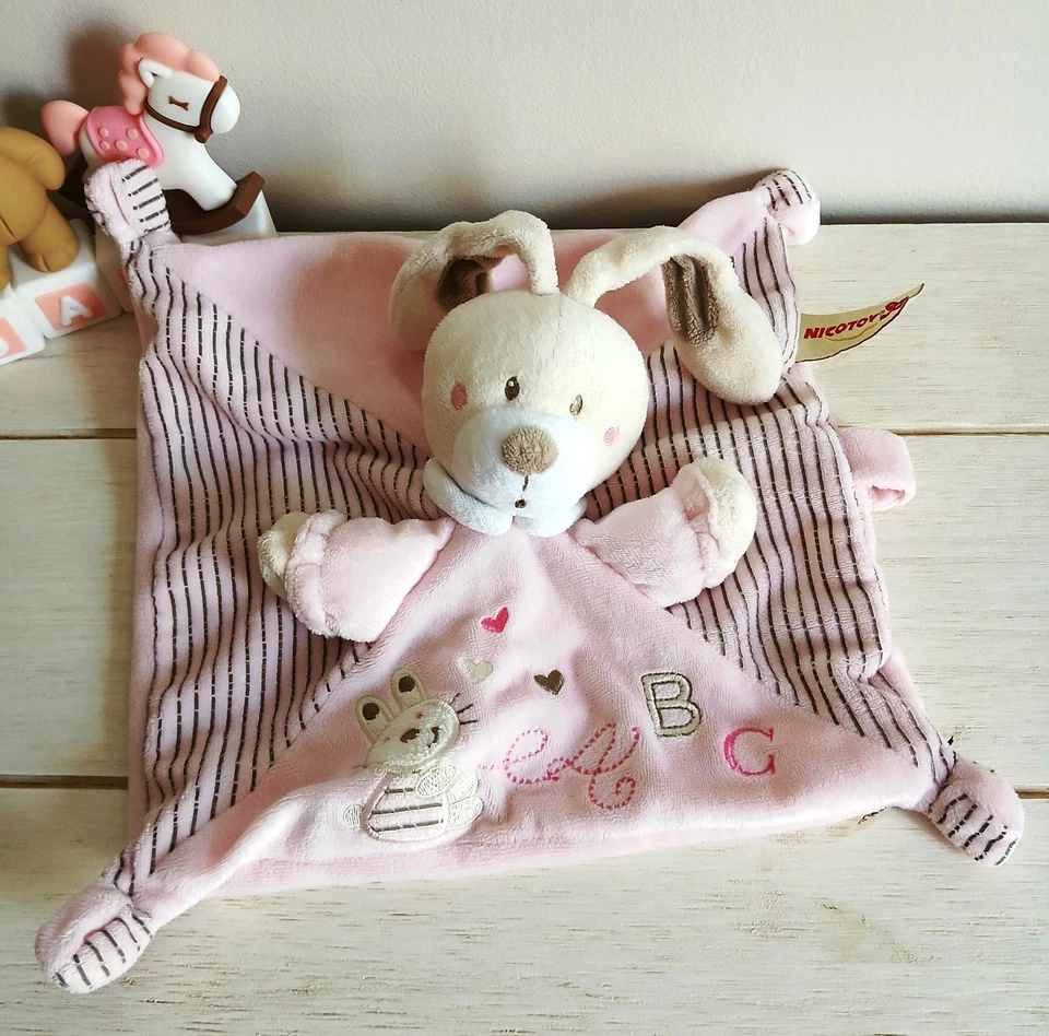 SIMBA Nicotoy doudou carré plat lapin rose rayé ABC attache tétine - Photo 1/1